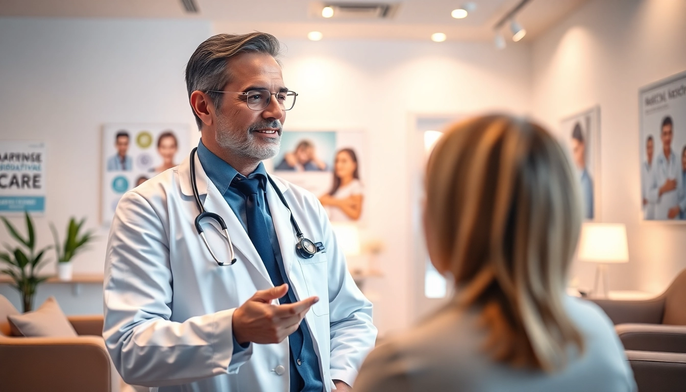 Engaging boutique doctor consulting with a patient in a welcoming clinic environment.