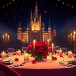 Celebrate beauty and the beast valentines with a romantic dinner setting featuring roses and candlelight.