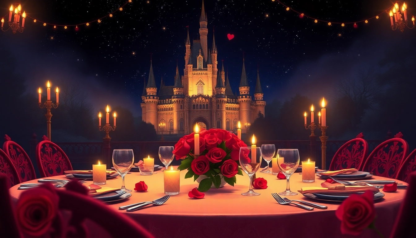 Celebrate beauty and the beast valentines with a romantic dinner setting featuring roses and candlelight.