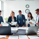 Engaged professionals providing QSM document clearing services in a modern office setting, demonstrating expertise.