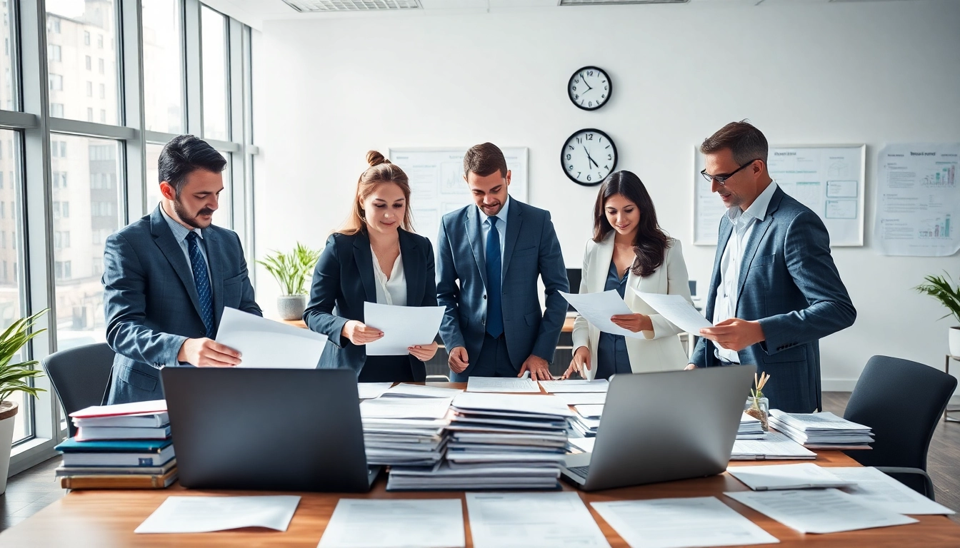 Engaged professionals providing QSM document clearing services in a modern office setting, demonstrating expertise.