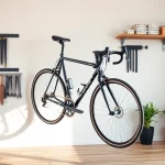 Bicycle wall hanger elegantly mounted in a minimalist garage setup with natural lighting.