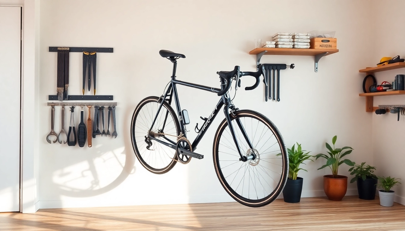 Bicycle wall hanger elegantly mounted in a minimalist garage setup with natural lighting.