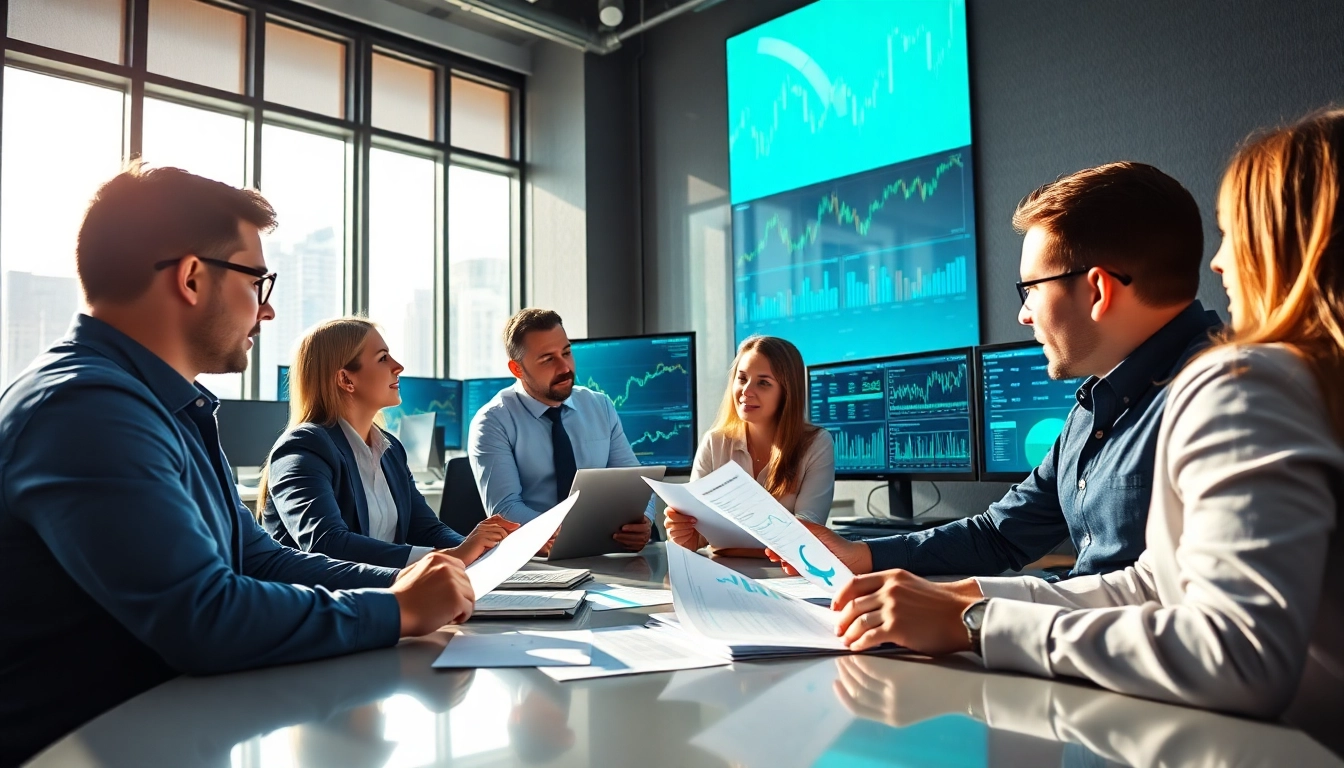 Traders discussing strategy in a vibrant trading network environment with insights on screens.