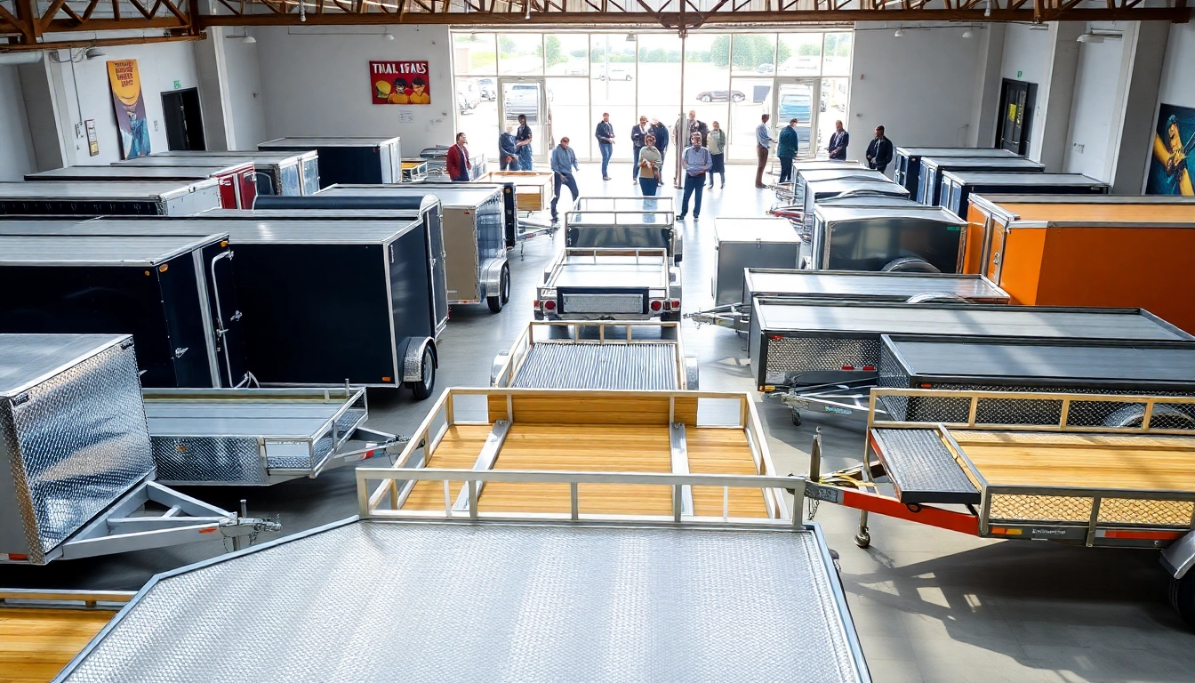 Check out a range of trailers near me, highlighting vibrant trailers in a bustling dealership setting.