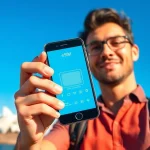 Maximize connectivity with esim Australia on a traveler's smartphone in iconic Australian scenery.