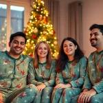 Family enjoying a cozy moment in matching Bamboo Christmas pajamas by the tree.