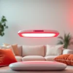 Experience the benefits of full body red lighttherapy at home with a sleek therapy device in a cozy setting.
