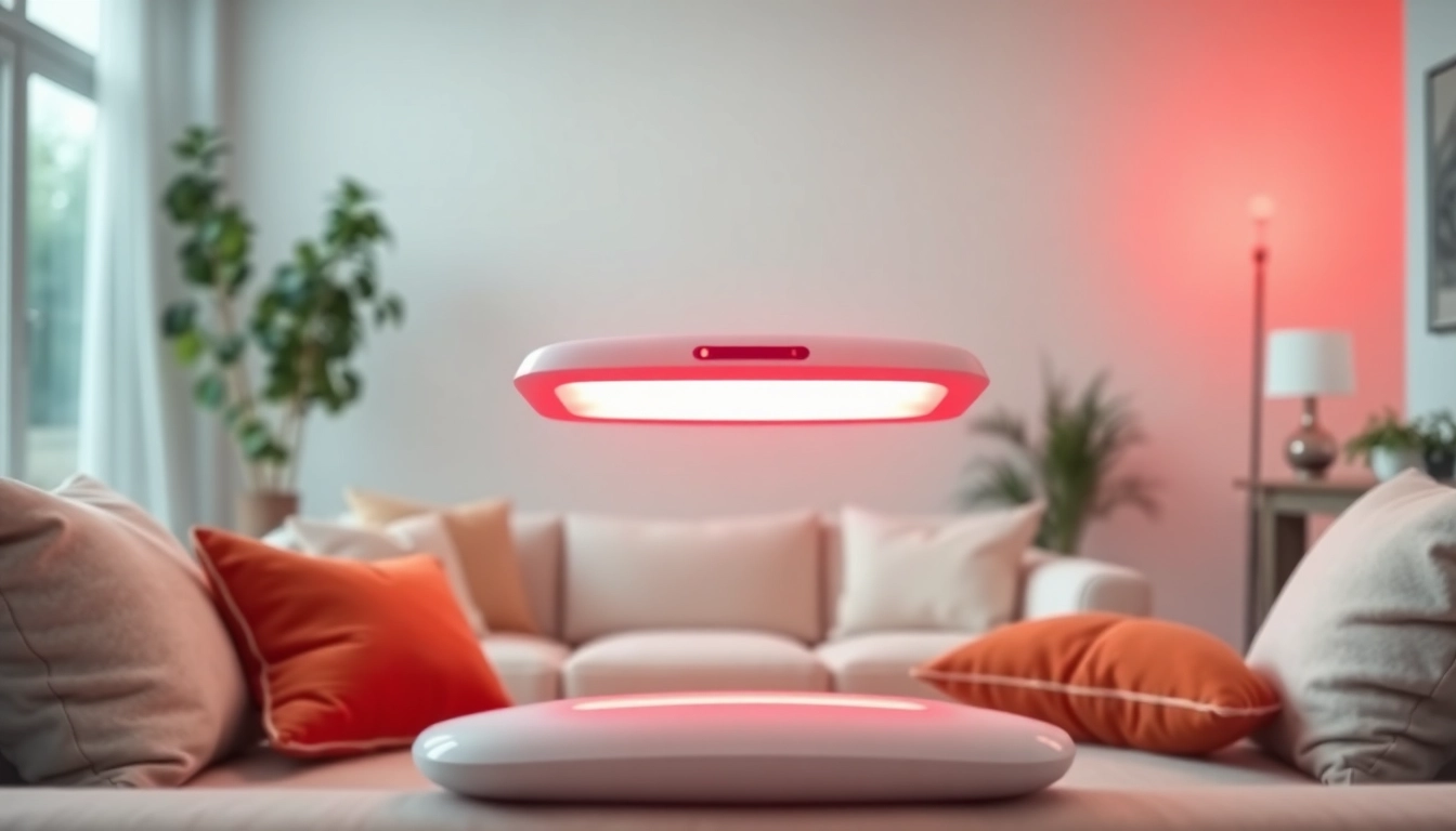 Experience the benefits of full body red lighttherapy at home with a sleek therapy device in a cozy setting.