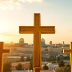 A beautiful Jerusalem crosses illustration set against a sunrise over Jerusalem, symbolizing hope and faith.