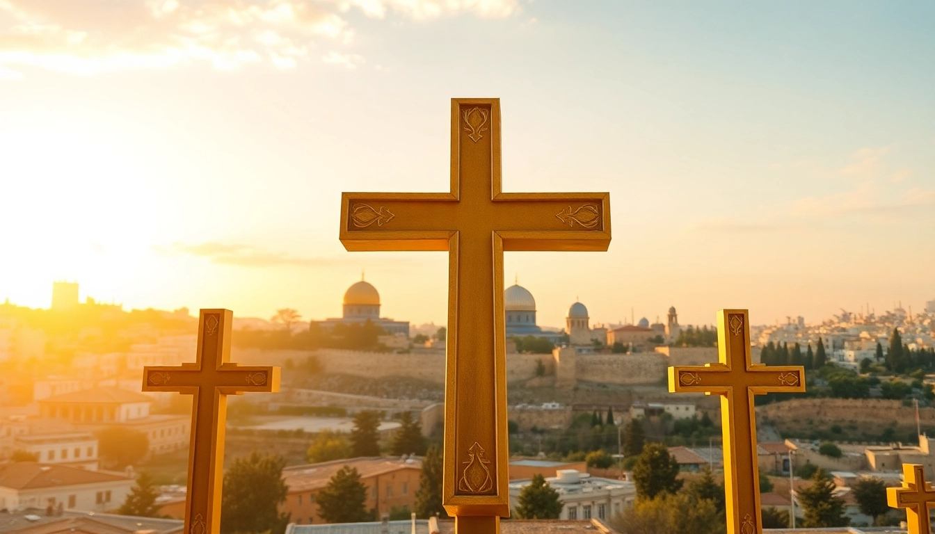 A beautiful Jerusalem crosses illustration set against a sunrise over Jerusalem, symbolizing hope and faith.