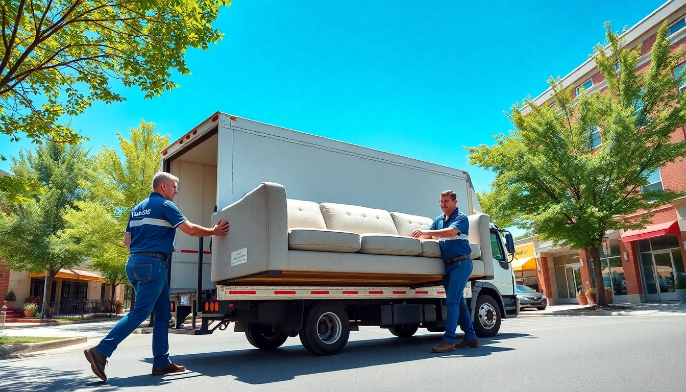 Skilled movers calgary transporting furniture with care in a vibrant urban setting.